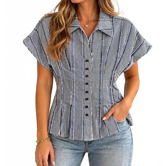 THML Tops - NEW THML short sleeve stripes gingham button up top in blue